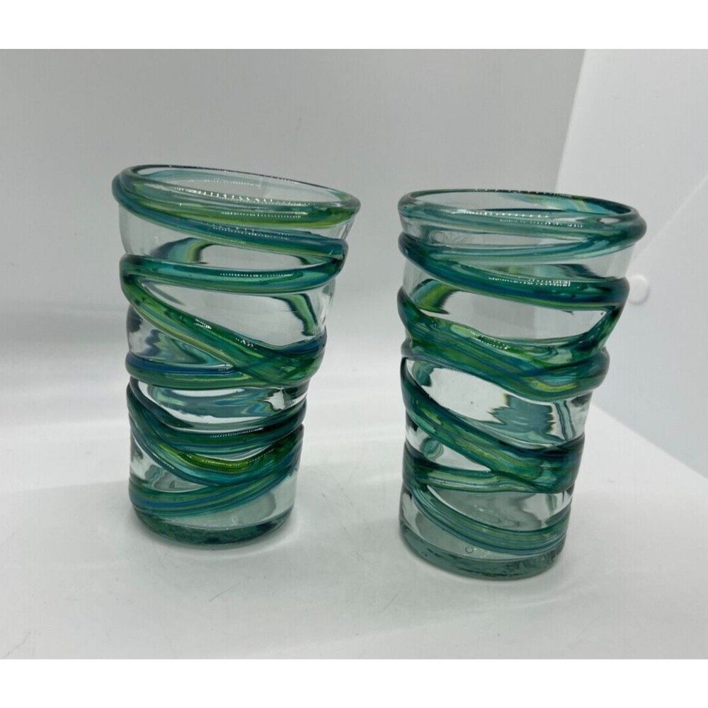 2 Hand mouth blown drinking glass blue green swirl stripes small vase art